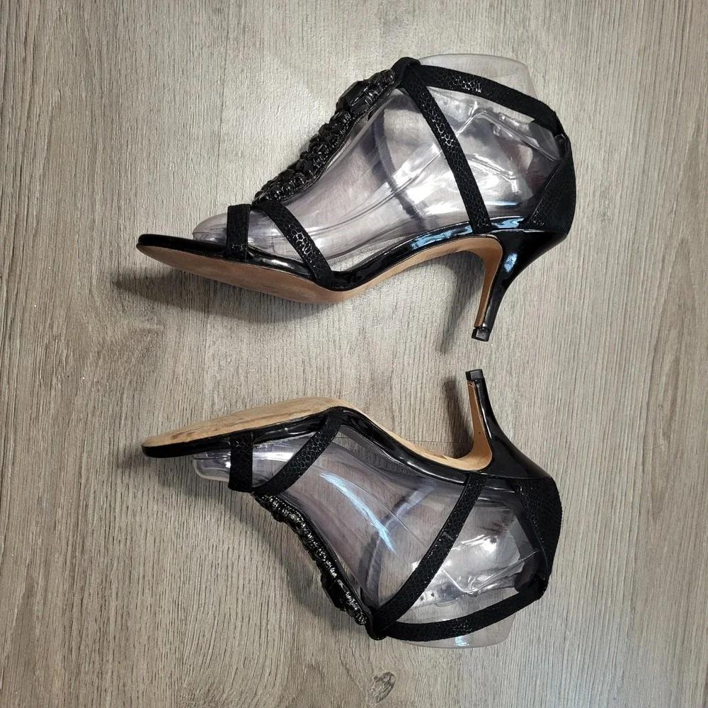 Antonio Melani Black Jeweled T-Strap Kitten Heel Sandals Women 6.5 Formal Party